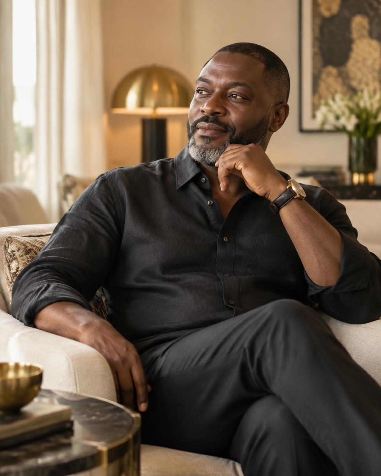 A thoughtful man seated in a warm, private lounge